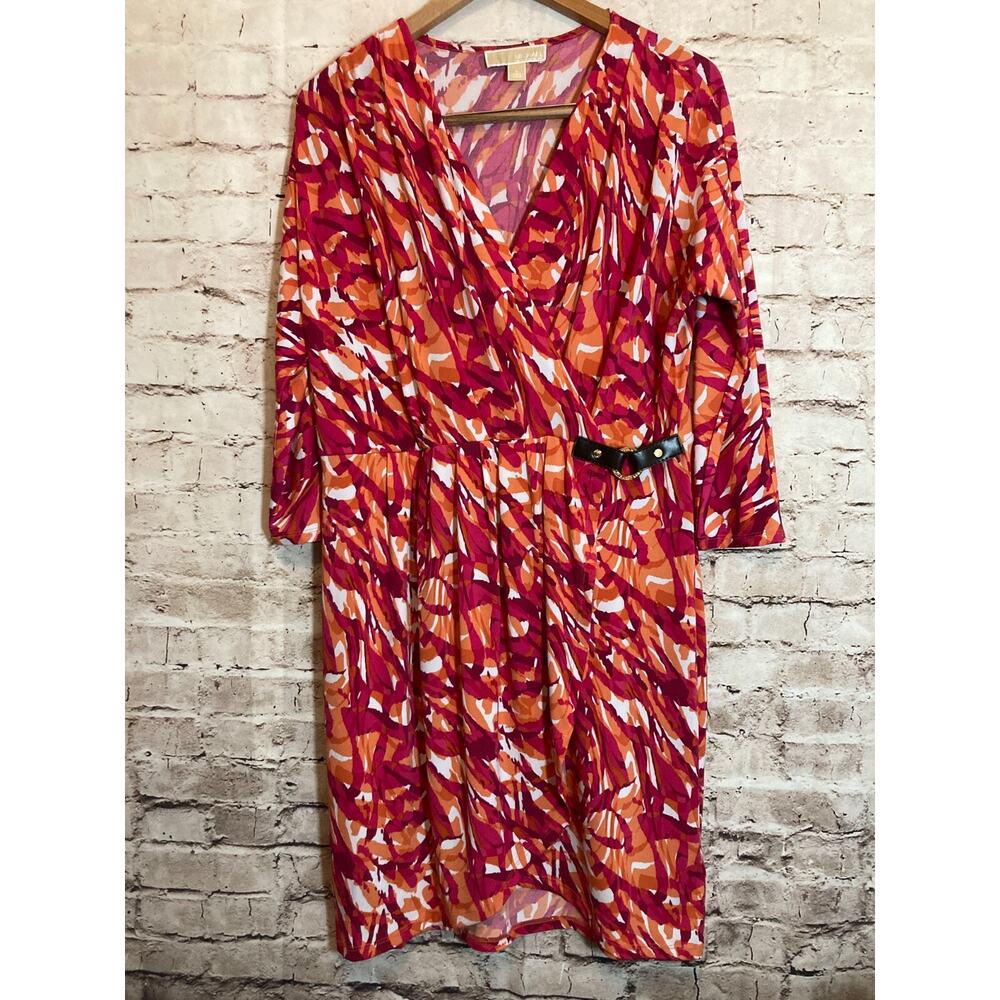 Michael Kors Dress Womens Large Pink Orange Fit & Flare Buckle Detail Stretch